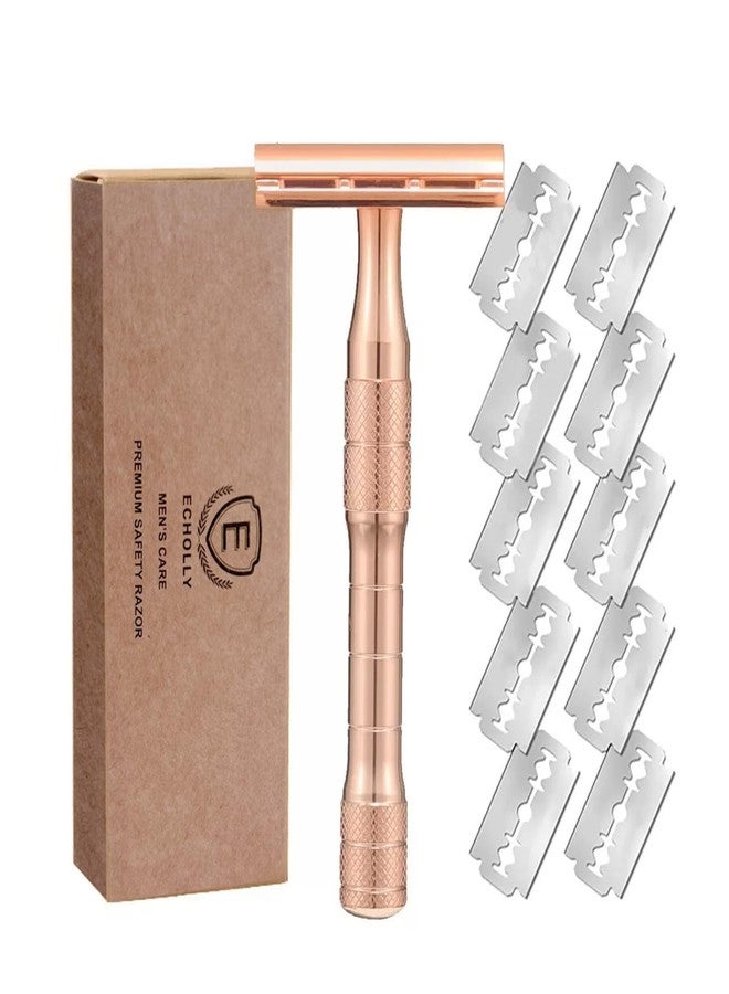 ECHOLLY Elegant Rose Gold Safety Razor for Women–Vintage Double Edge Razor with 10 Swedish Blades, Stainless Steel Handle, Gift Box Set by Echolly (Solar Crown) - Image 1